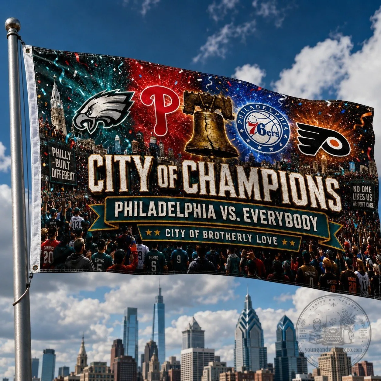 Fan Flag of Philadelphia Featuring Eagles, Phillies, 76ers, and Flyers Champions 11 Fan Flag of Philadelphia Featuring Eagles, Phillies, 76ers, and Flyers Champions