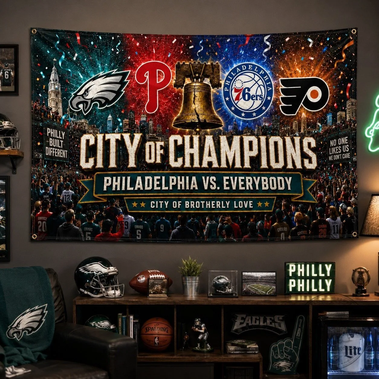 Fan Flag of Philadelphia Featuring Eagles, Phillies, 76ers, and Flyers Champions 14 Fan Flag of Philadelphia Featuring Eagles, Phillies, 76ers, and Flyers Champions