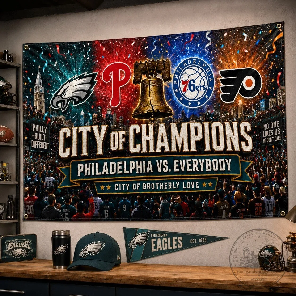 Fan Flag of Philadelphia Featuring Eagles, Phillies, 76ers, and Flyers Champions 15 Fan Flag of Philadelphia Featuring Eagles, Phillies, 76ers, and Flyers Champions