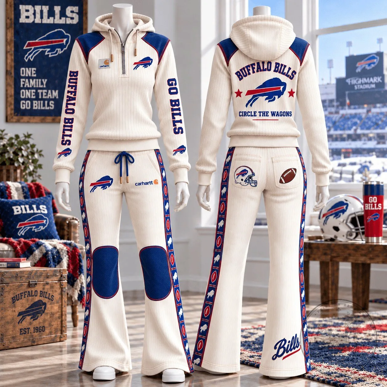 Buffalo Bills Carhartt Cream Flare Pants and Half-Zip Hoodie Set 1 Buffalo Bills Carhartt Cream Flare Pants and Half-Zip Hoodie Set