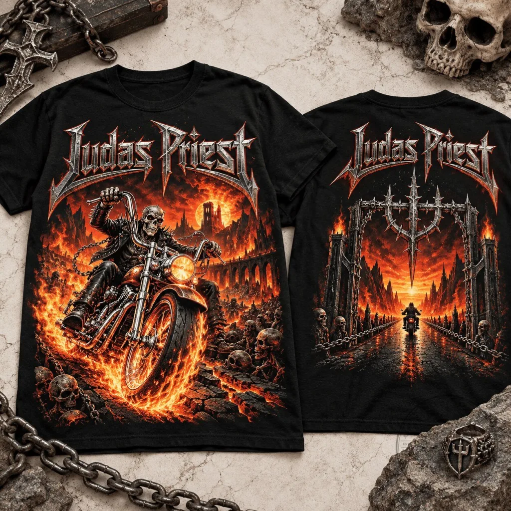 Judas Priest Hellfire Rider Skull Biker Heavy Metal Band T-Shirt Judas Priest Hellfire Rider Skull Biker Heavy Metal Band T-Shirt