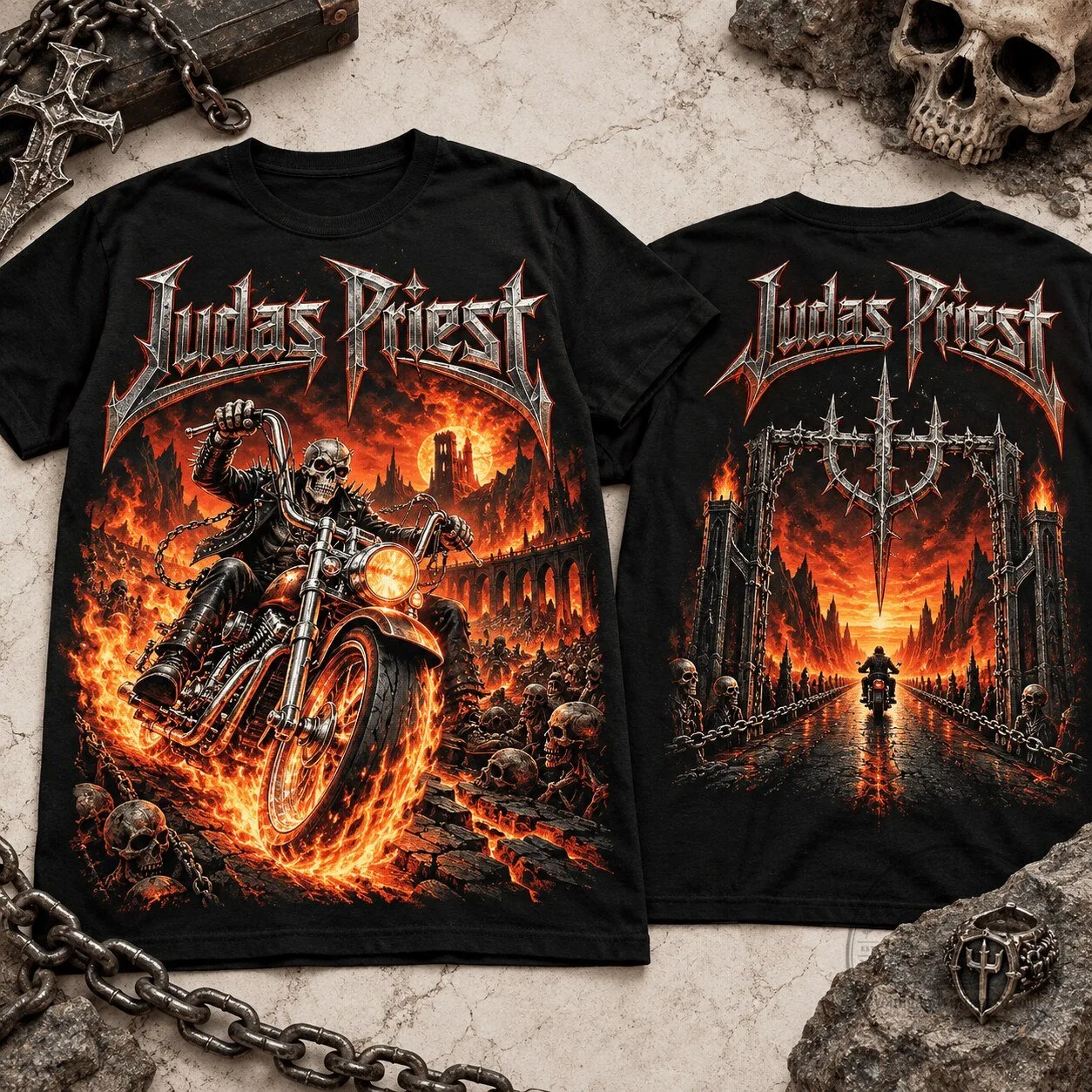 Judas Priest Hellfire Rider Skull Biker Heavy Metal Band T-Shirt