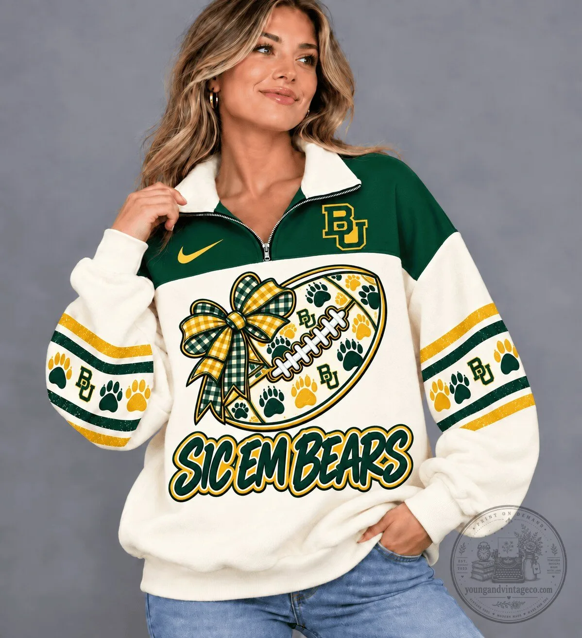 Baylor Bears Sic 'Em Bears Football Quarter-Zip Sweatshirt for Women
