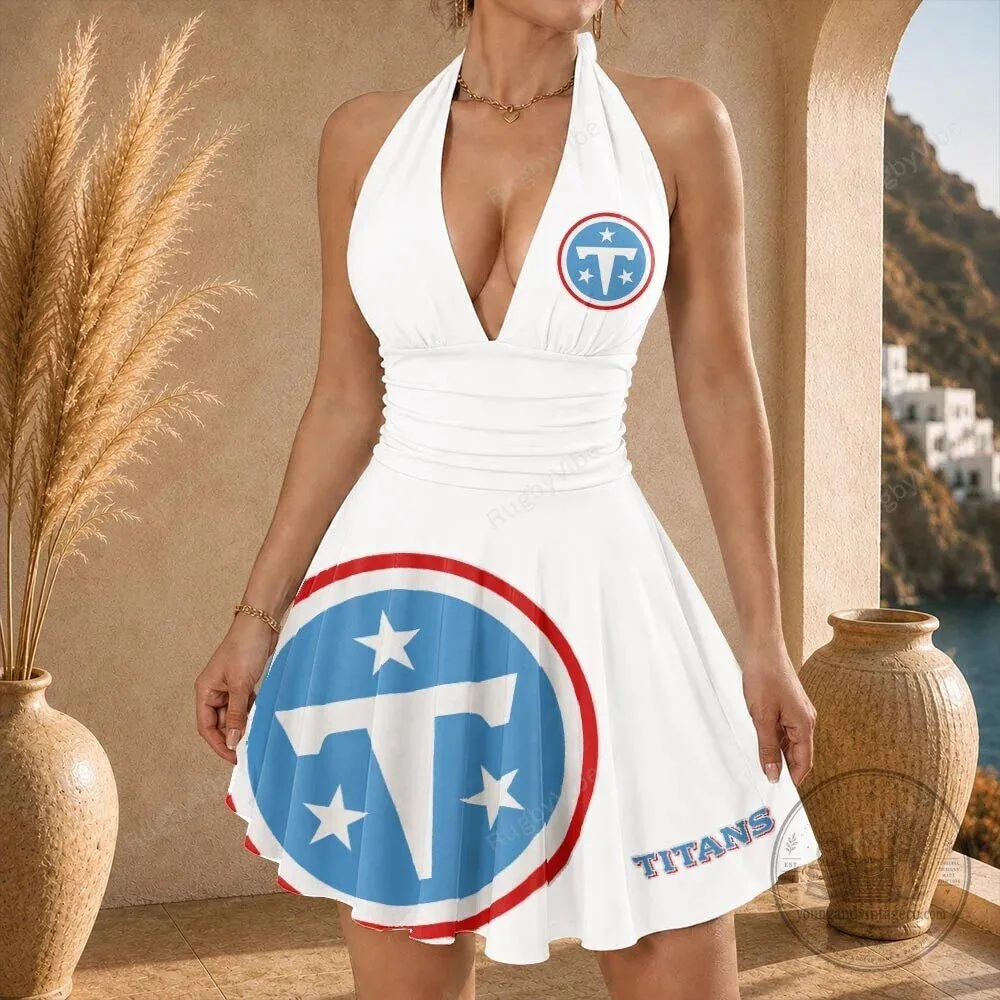 Tennessee Titans NFL Football Team Logo Halter Neck White Dress