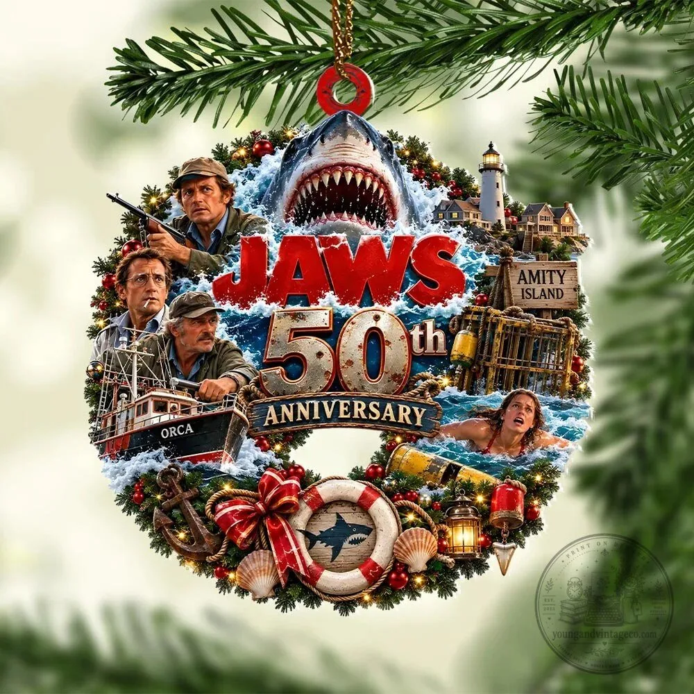Christmas Tree Ornament Featuring Jaws 50th Anniversary Movie Poster