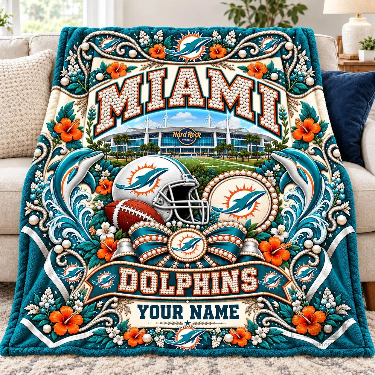 Miami Dolphins Hard Rock Stadium Personalized Football Team Blanket