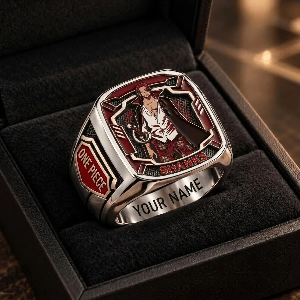 One Piece Shanks Red-Haired Pirate Custom Engraved Stainless Steel Ring
