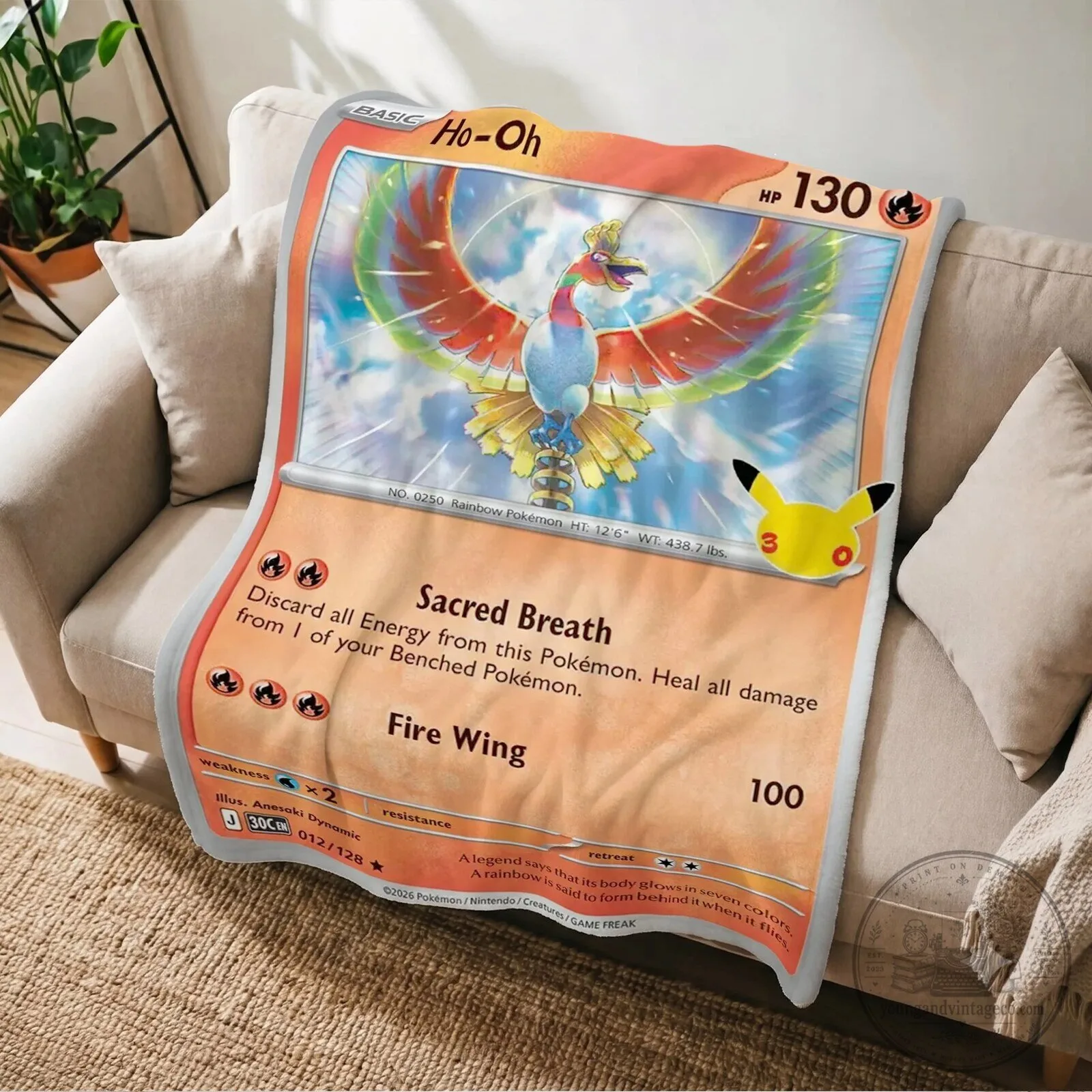 Pokemon Ho-Oh 30th Anniversary Trading Card Game Fleece Blanket