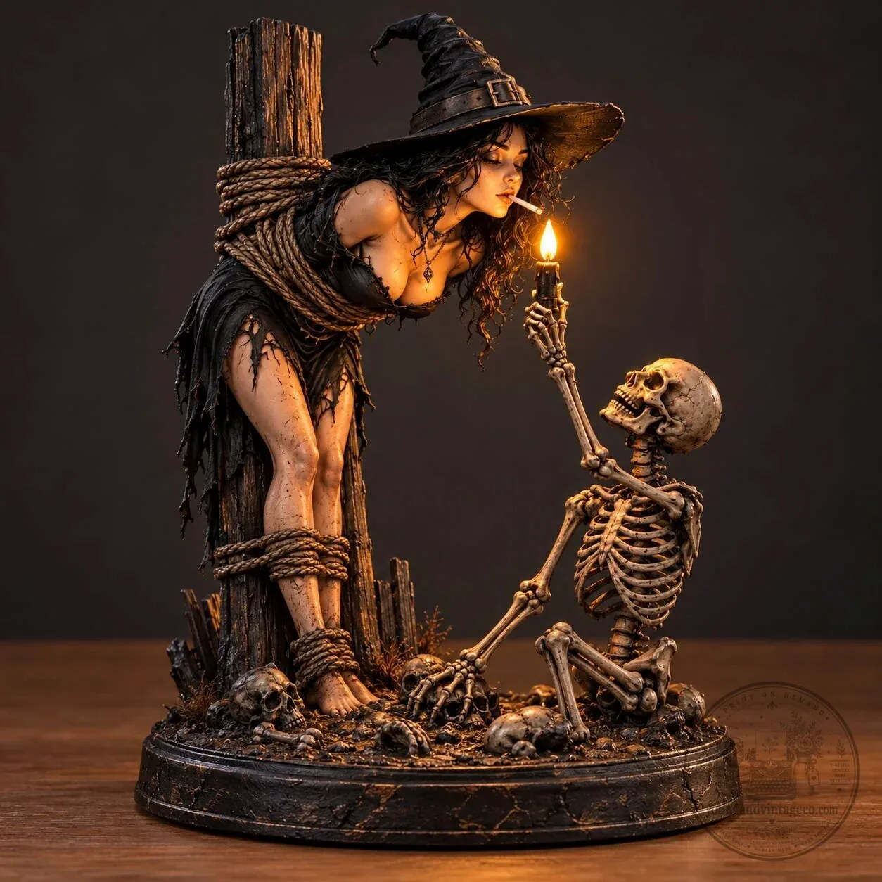 Gothic Witch and Skeleton Lighting Cigarette Halloween Figurine Statue