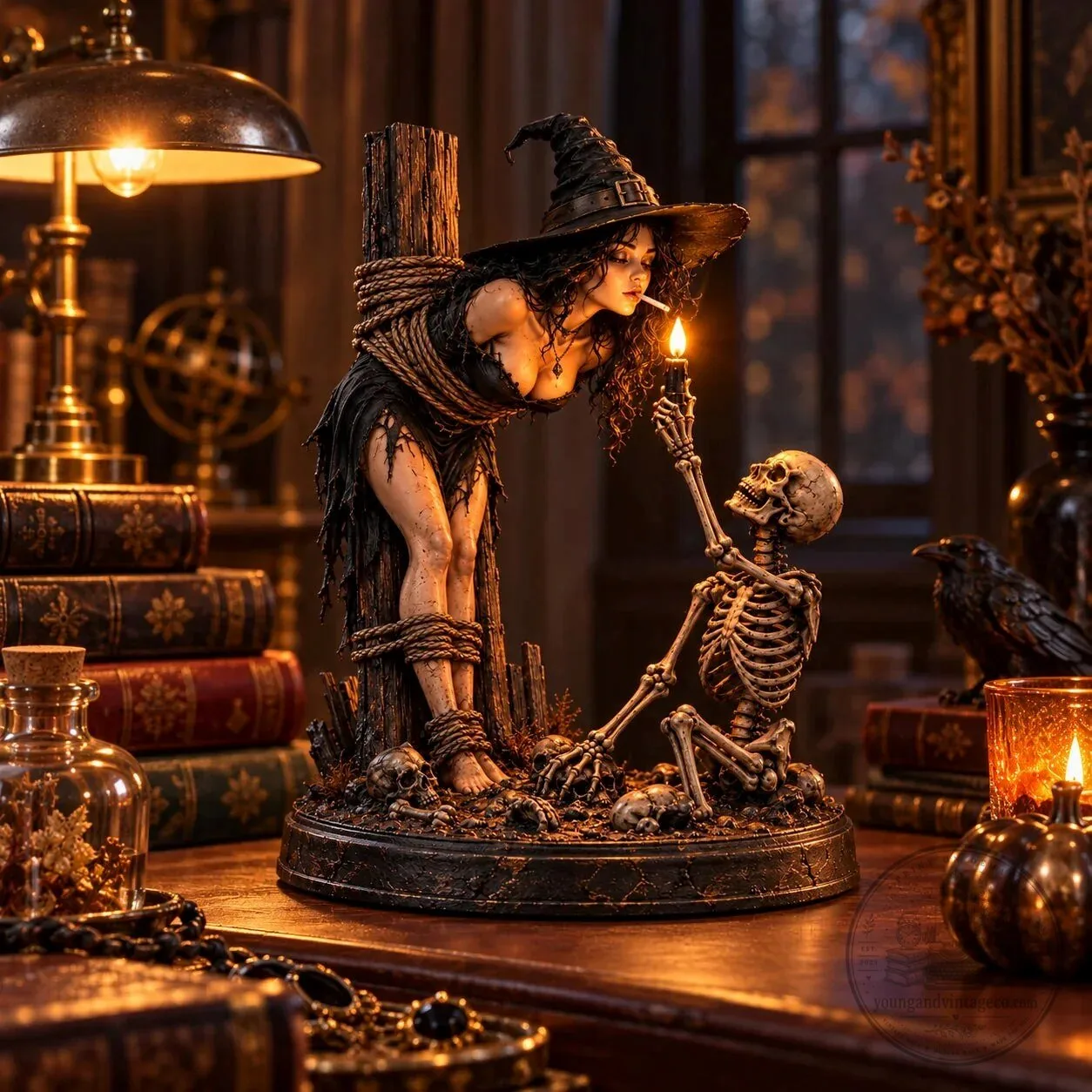 Gothic Witch and Skeleton Lighting Cigarette Halloween Figurine Statue 9 Gothic Witch and Skeleton Lighting Cigarette Halloween Figurine Statue