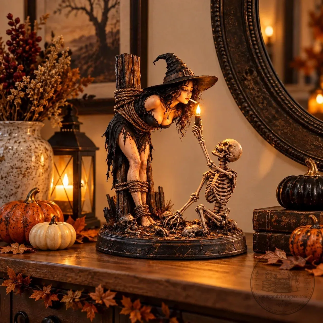 Gothic Witch and Skeleton Lighting Cigarette Halloween Figurine Statue 10 Gothic Witch and Skeleton Lighting Cigarette Halloween Figurine Statue