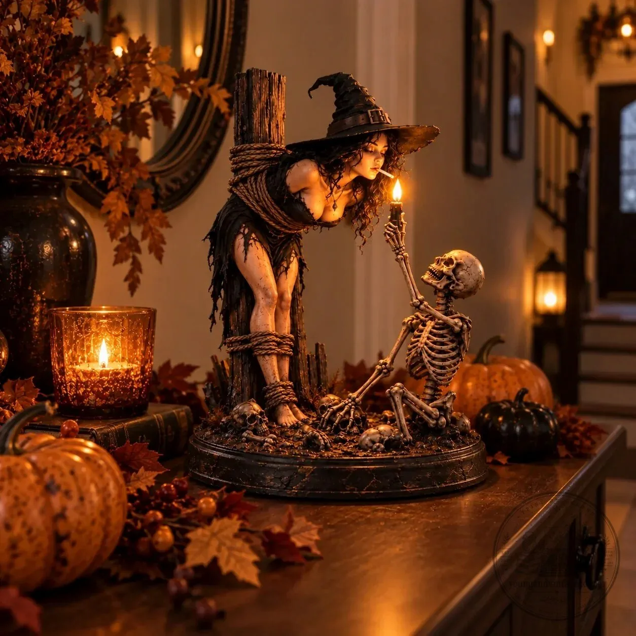 Gothic Witch and Skeleton Lighting Cigarette Halloween Figurine Statue 11 Gothic Witch and Skeleton Lighting Cigarette Halloween Figurine Statue