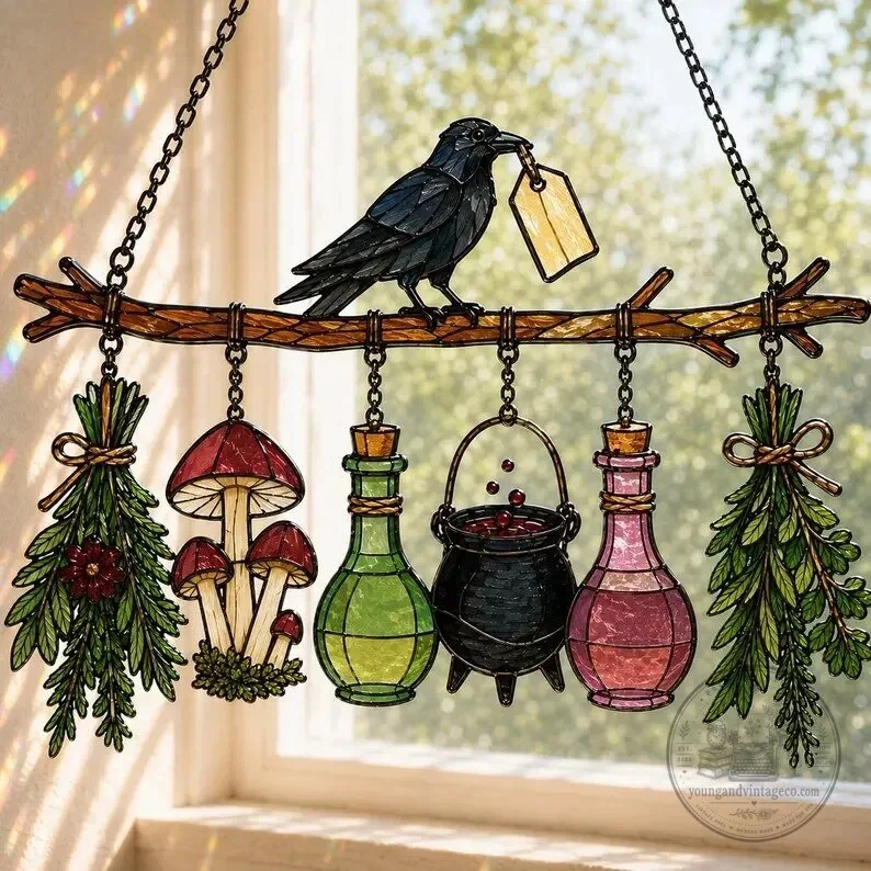 Witchy Raven and Potion Bottles Stained Glass Suncatcher 9 Witchy Raven and Potion Bottles Stained Glass Suncatcher