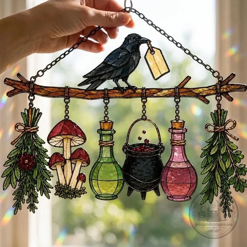 Witchy Raven and Potion Bottles Stained Glass Suncatcher 10 Witchy Raven and Potion Bottles Stained Glass Suncatcher