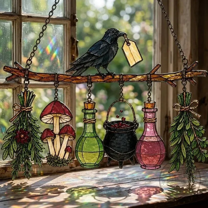 Witchy Raven and Potion Bottles Stained Glass Suncatcher 11 Witchy Raven and Potion Bottles Stained Glass Suncatcher