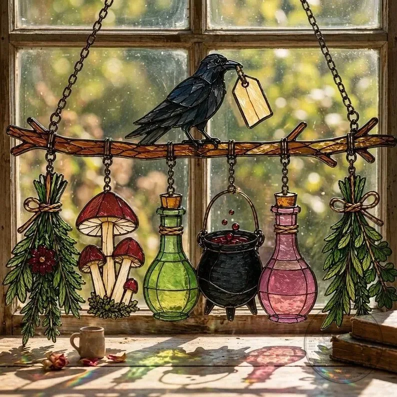 Witchy Raven and Potion Bottles Stained Glass Suncatcher 12 Witchy Raven and Potion Bottles Stained Glass Suncatcher
