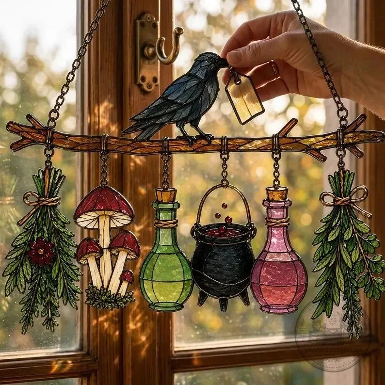 Witchy Raven and Potion Bottles Stained Glass Suncatcher 13 Witchy Raven and Potion Bottles Stained Glass Suncatcher