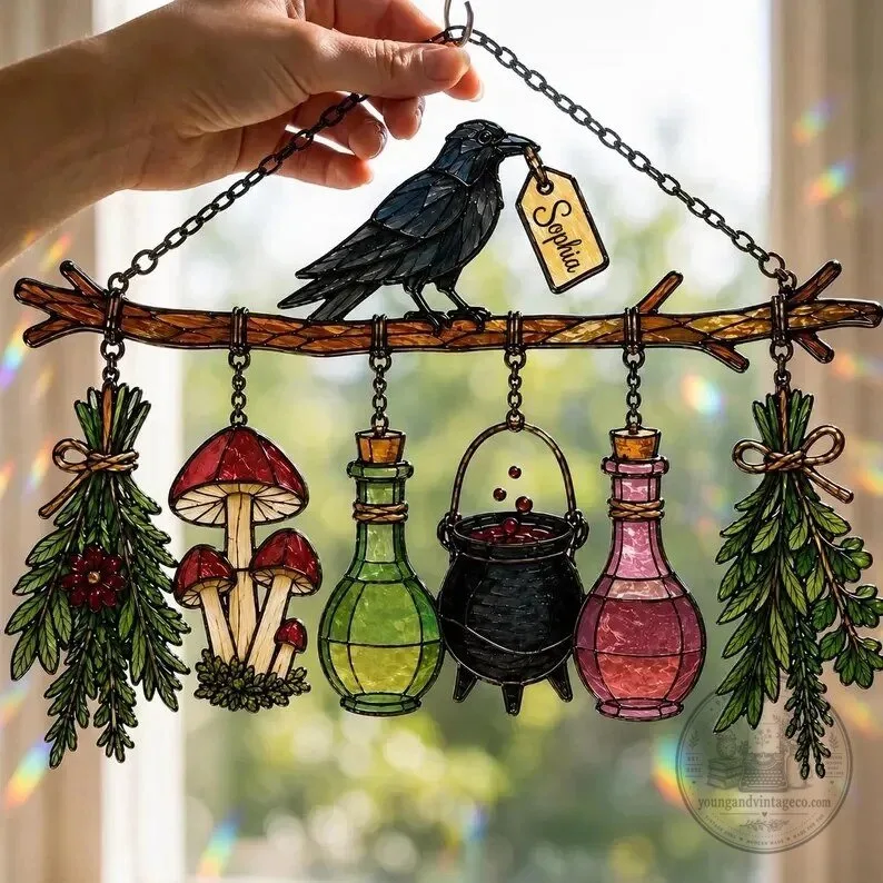 Witchy Raven and Potion Bottles Stained Glass Suncatcher 14 Witchy Raven and Potion Bottles Stained Glass Suncatcher
