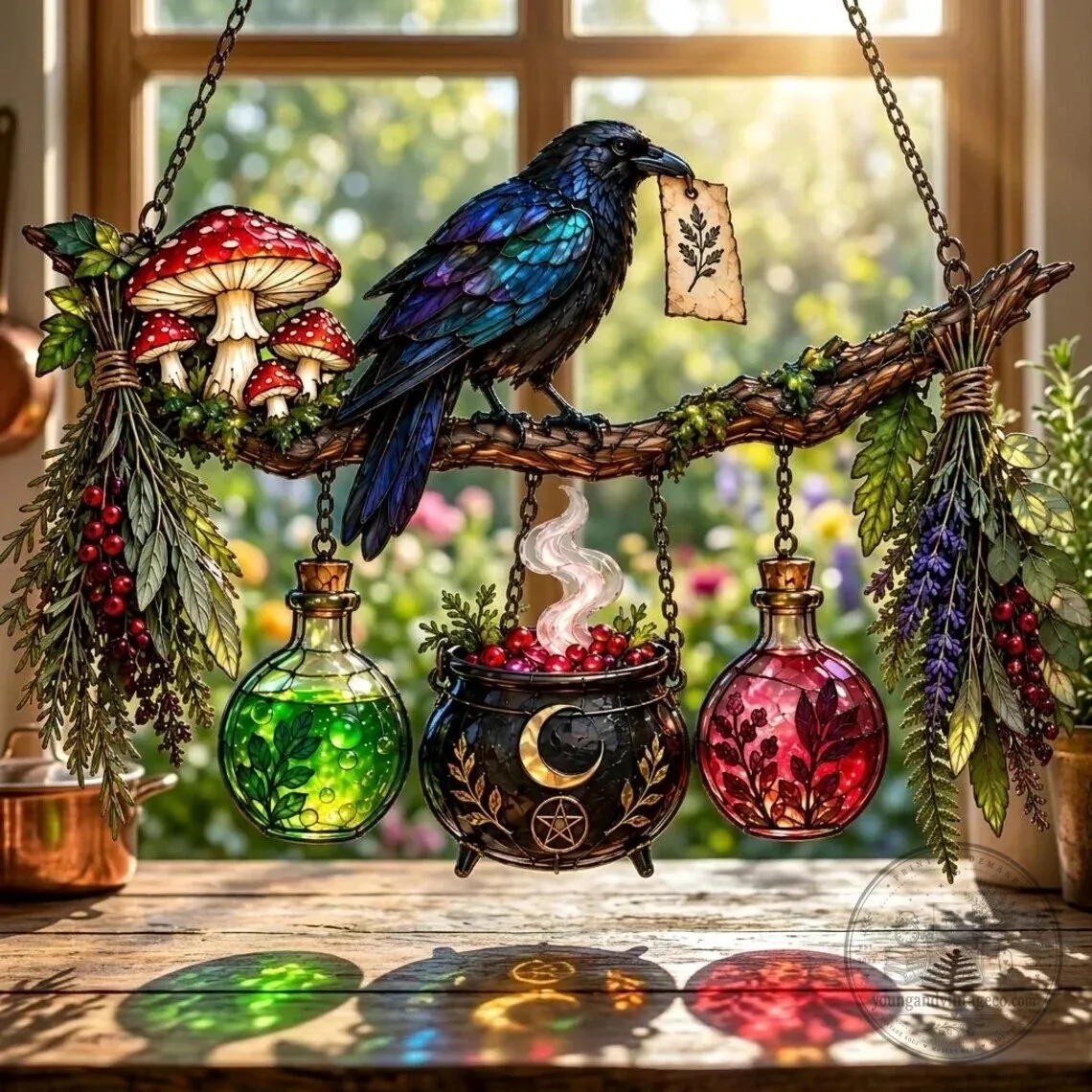 Witchy Raven and Potion Bottles Stained Glass Suncatcher 15 Witchy Raven and Potion Bottles Stained Glass Suncatcher