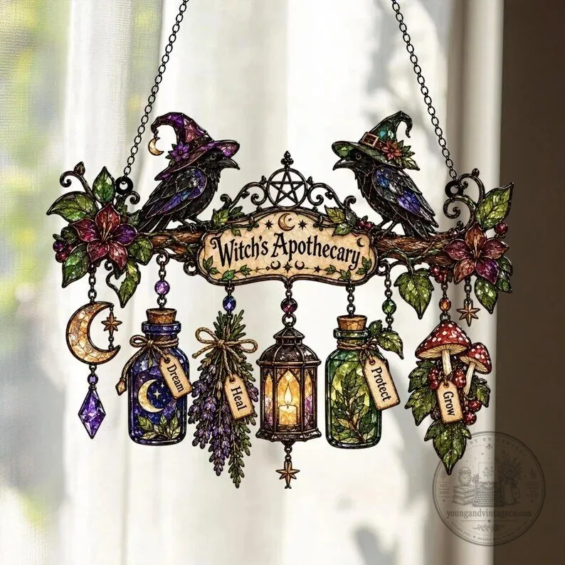 Witchy Raven and Potion Bottles Stained Glass Suncatcher 16 Witchy Raven and Potion Bottles Stained Glass Suncatcher