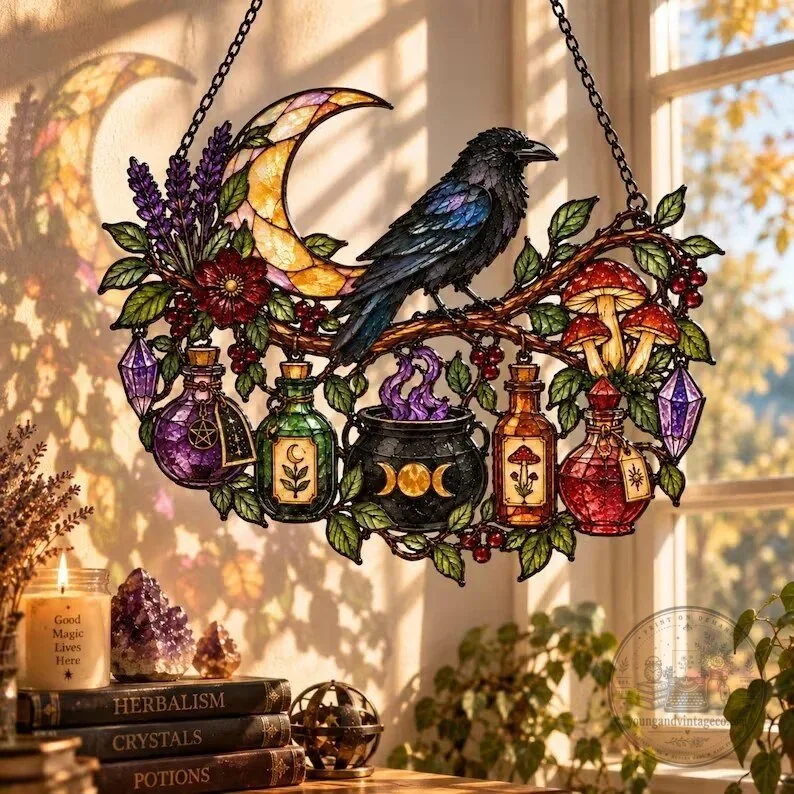 Witchy Raven and Potion Bottles Stained Glass Suncatcher 17 Witchy Raven and Potion Bottles Stained Glass Suncatcher