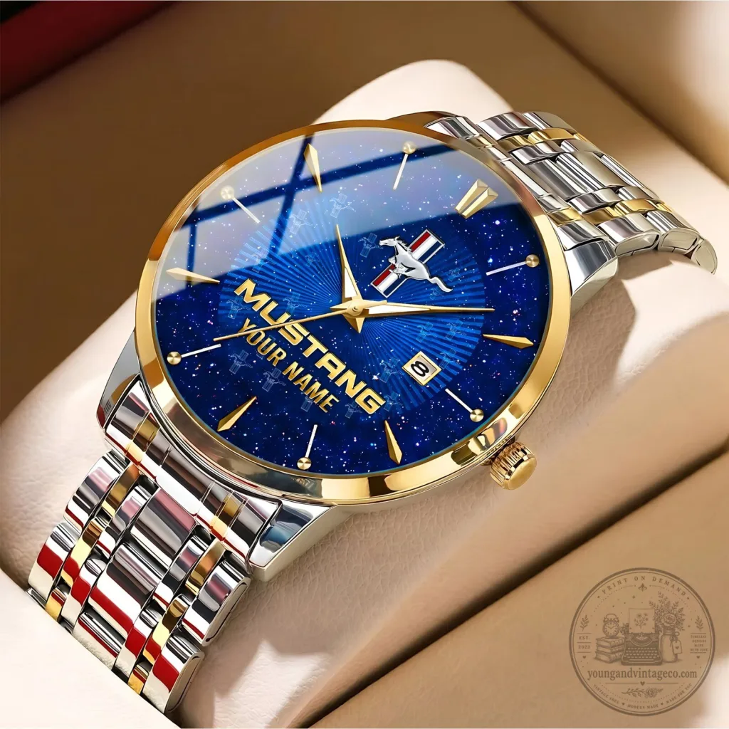 Ford Mustang Custom Name Starry Night Design Gold Tone Watch