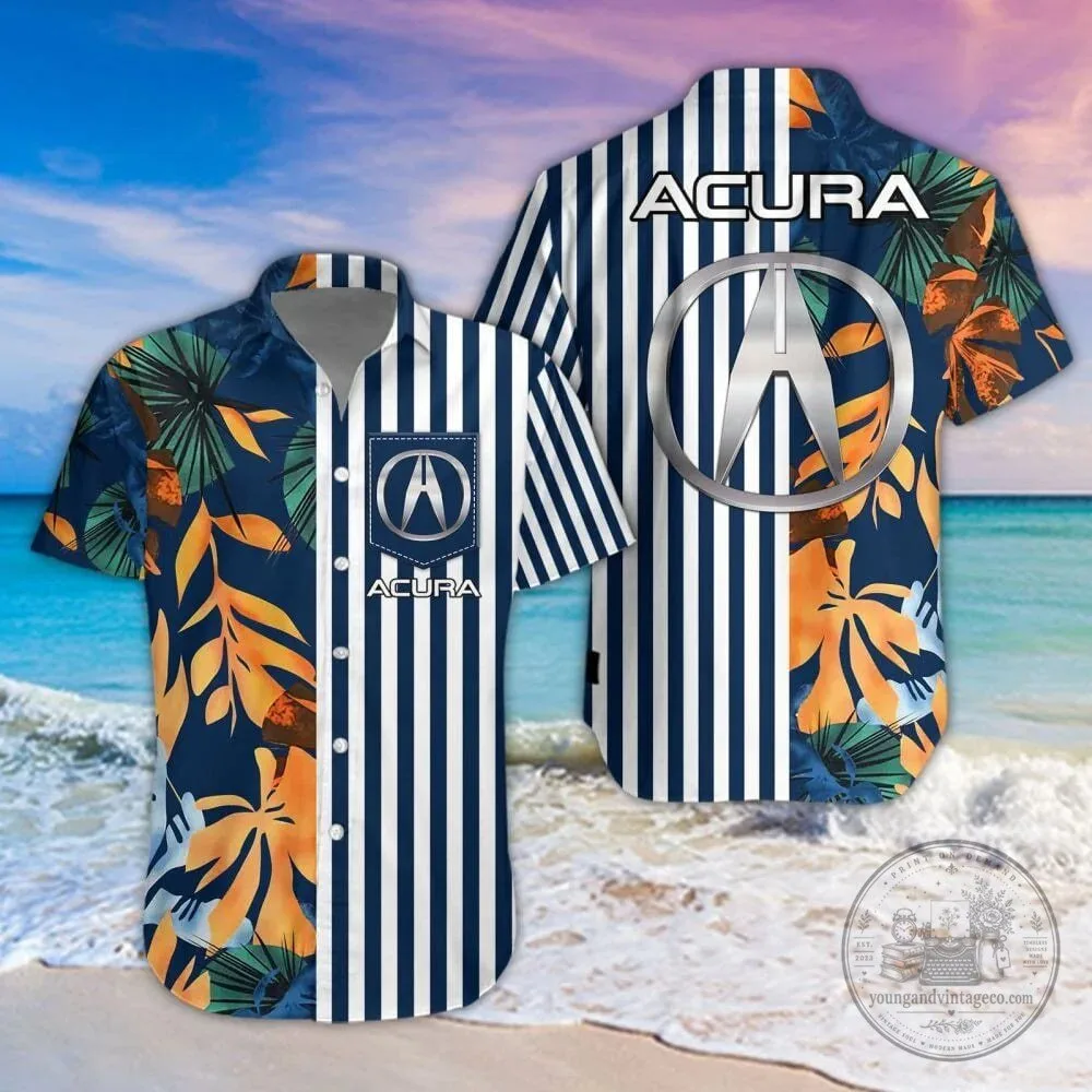 Acura Logo Tropical Leaves Striped Hawaiian Shirt