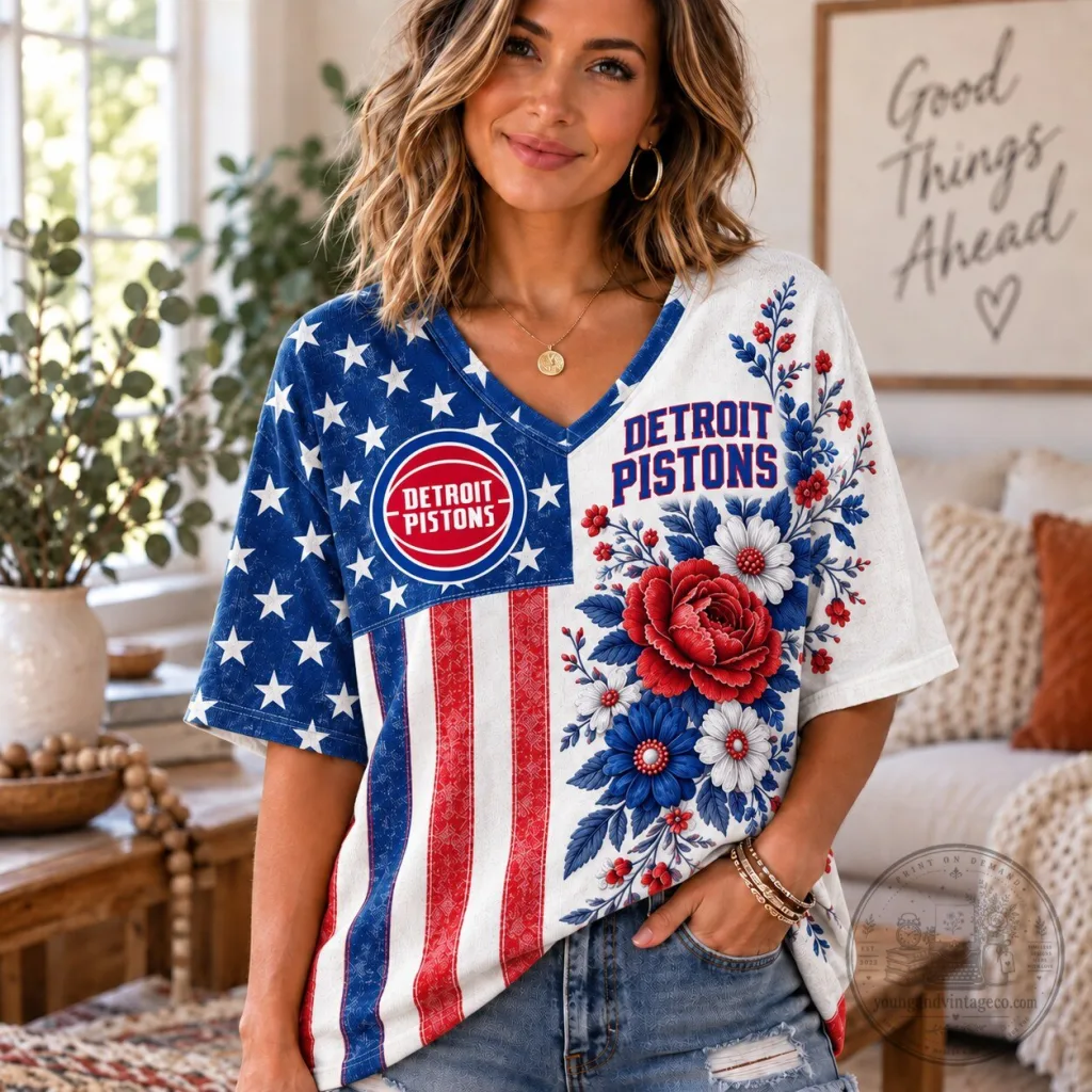 Detroit Pistons NBA Fan Shirt for Women - Patriotic Floral V-Neck T-Shirt Detroit Pistons NBA Fan Shirt for Women - Patriotic Floral V-Neck T-Shirt