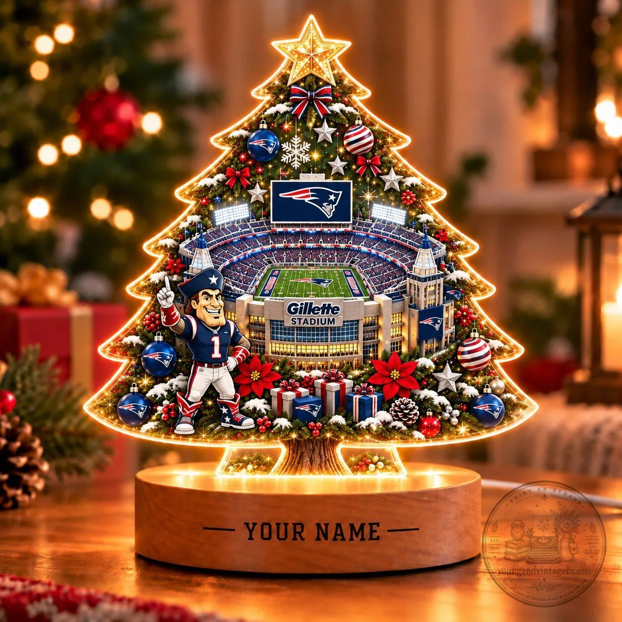 New England Patriots Gillette Stadium Christmas Tree LED Light Custom Name