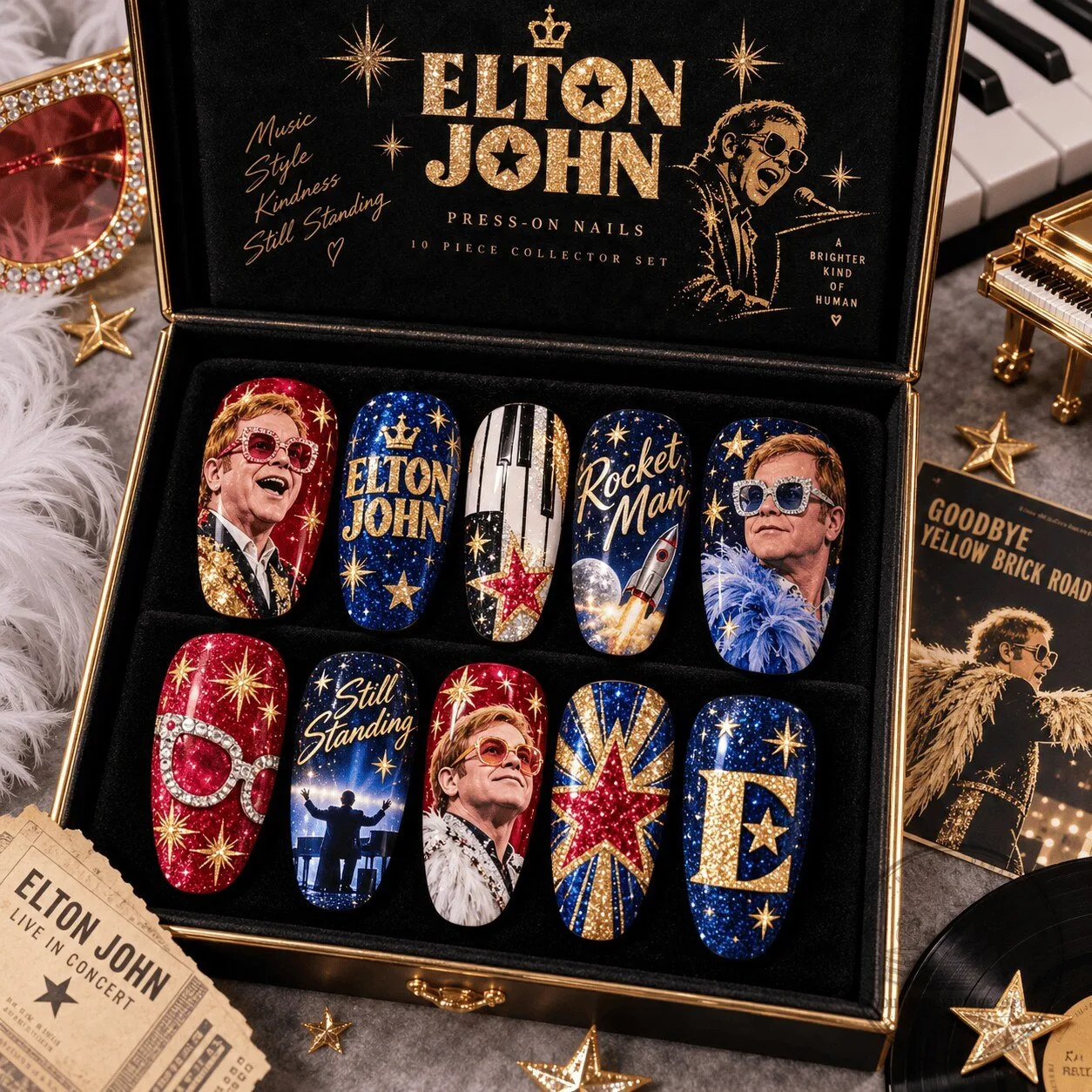 Elton John Piano and Starburst Portrait Press-On Nail Set for Pop Rock Fans