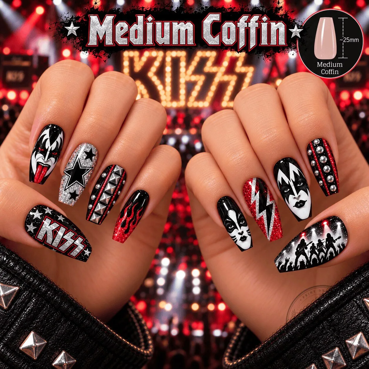 KISS Rock And Roll Band Glamorous Black And Red Press-On Nails Set