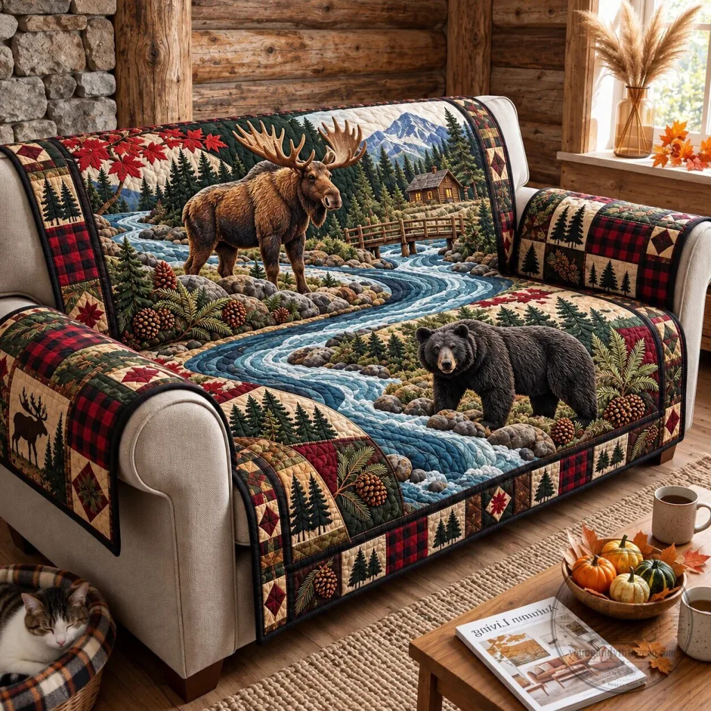 Moose and Black Bear Mountain River Quilted Sofa Cover Moose and Black Bear Mountain River Quilted Sofa Cover