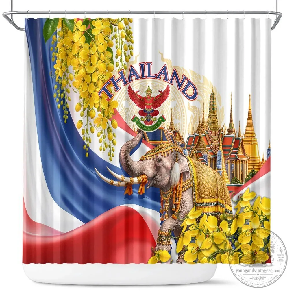 Thailand Golden Elephant and Temple Shower Curtain with Ratchaphruek Flowers