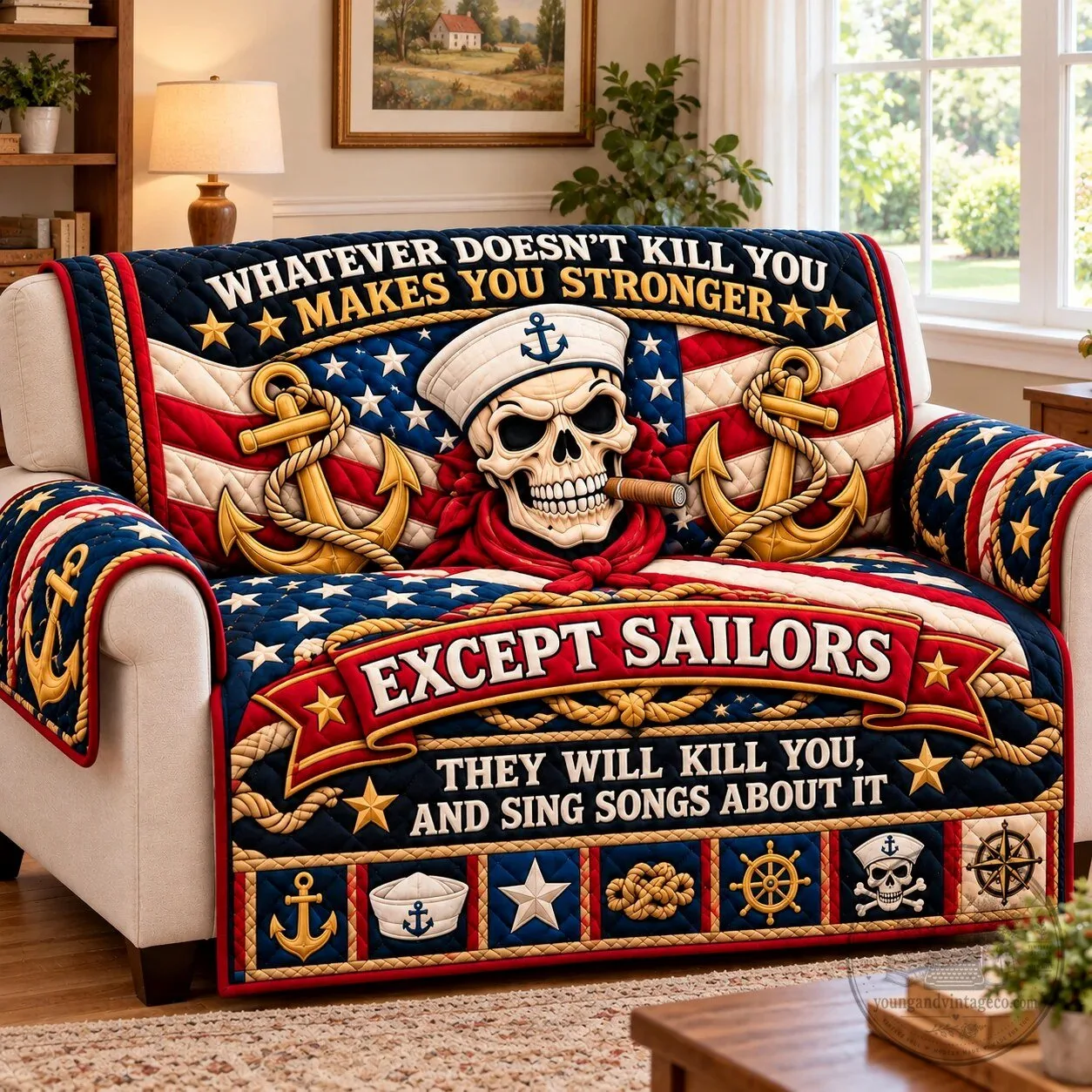 Funny Sailor Skull Whatever Doesn't Kill You Makes You Stronger Sofa Cover
