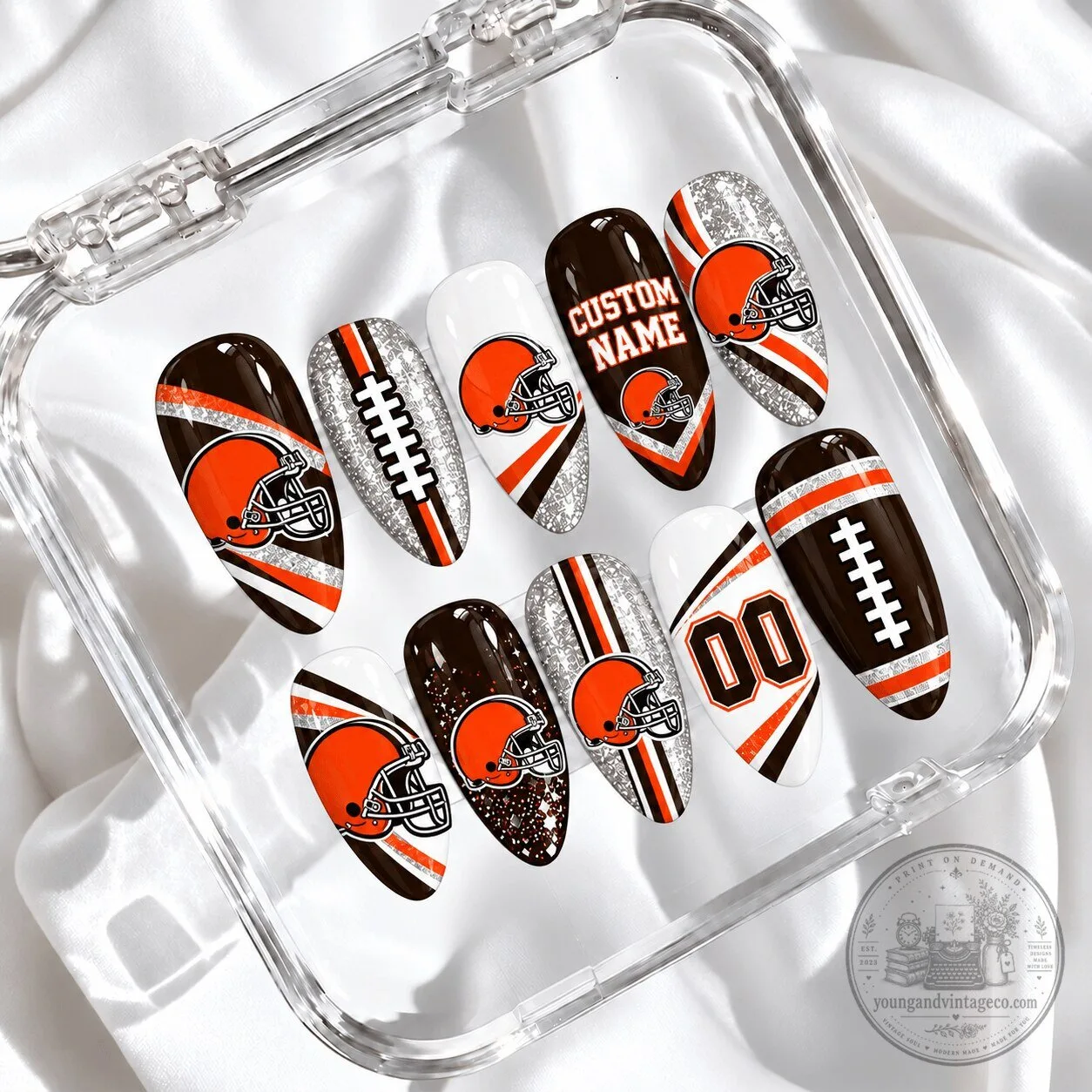 Cleveland Browns Football Team Helmet and Stripes Custom Name Press-On Nails
