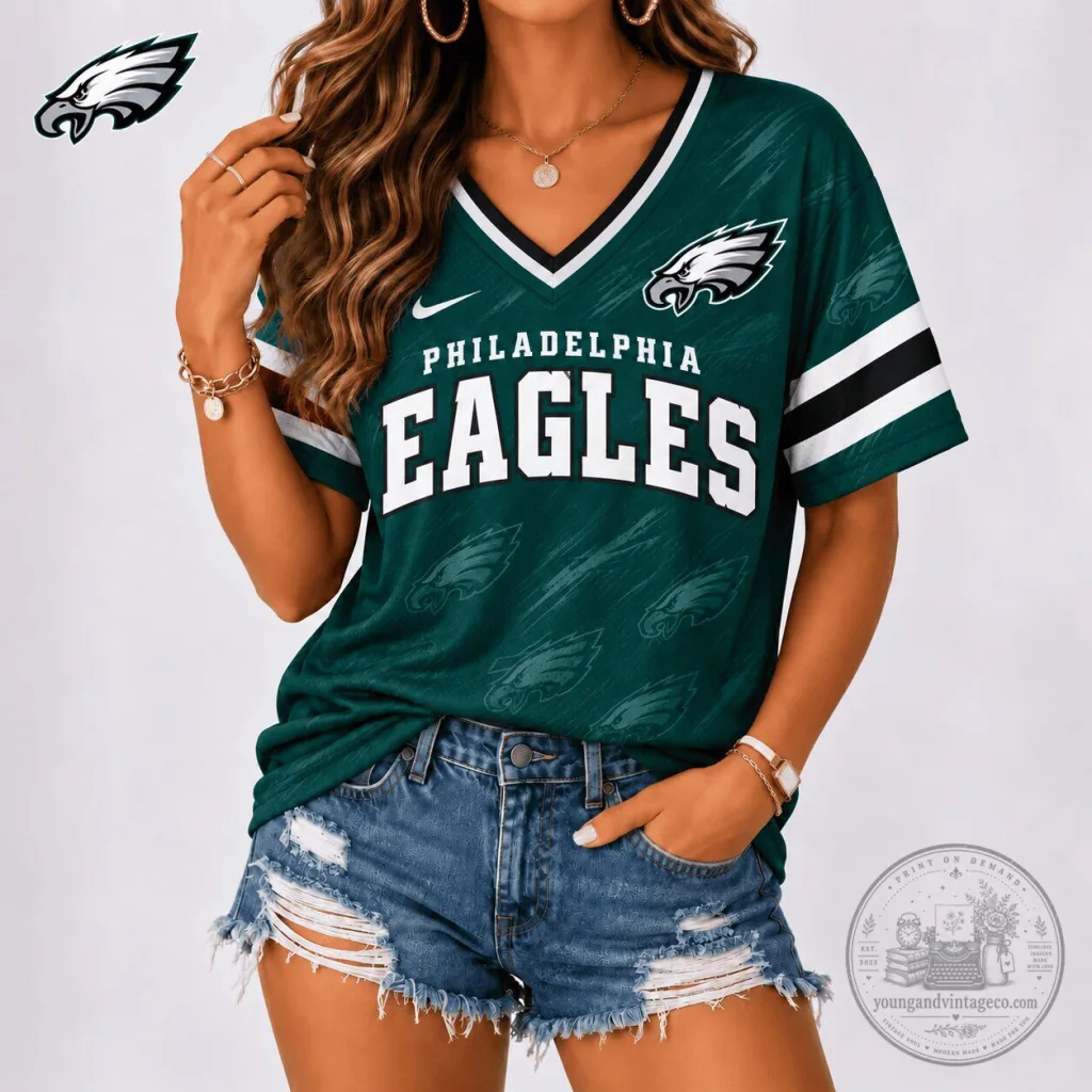 Philadelphia Eagles NFL Team Spirit V-Neck T-Shirt for Women 57 Philadelphia Eagles NFL Team Spirit V-Neck T-Shirt for Women