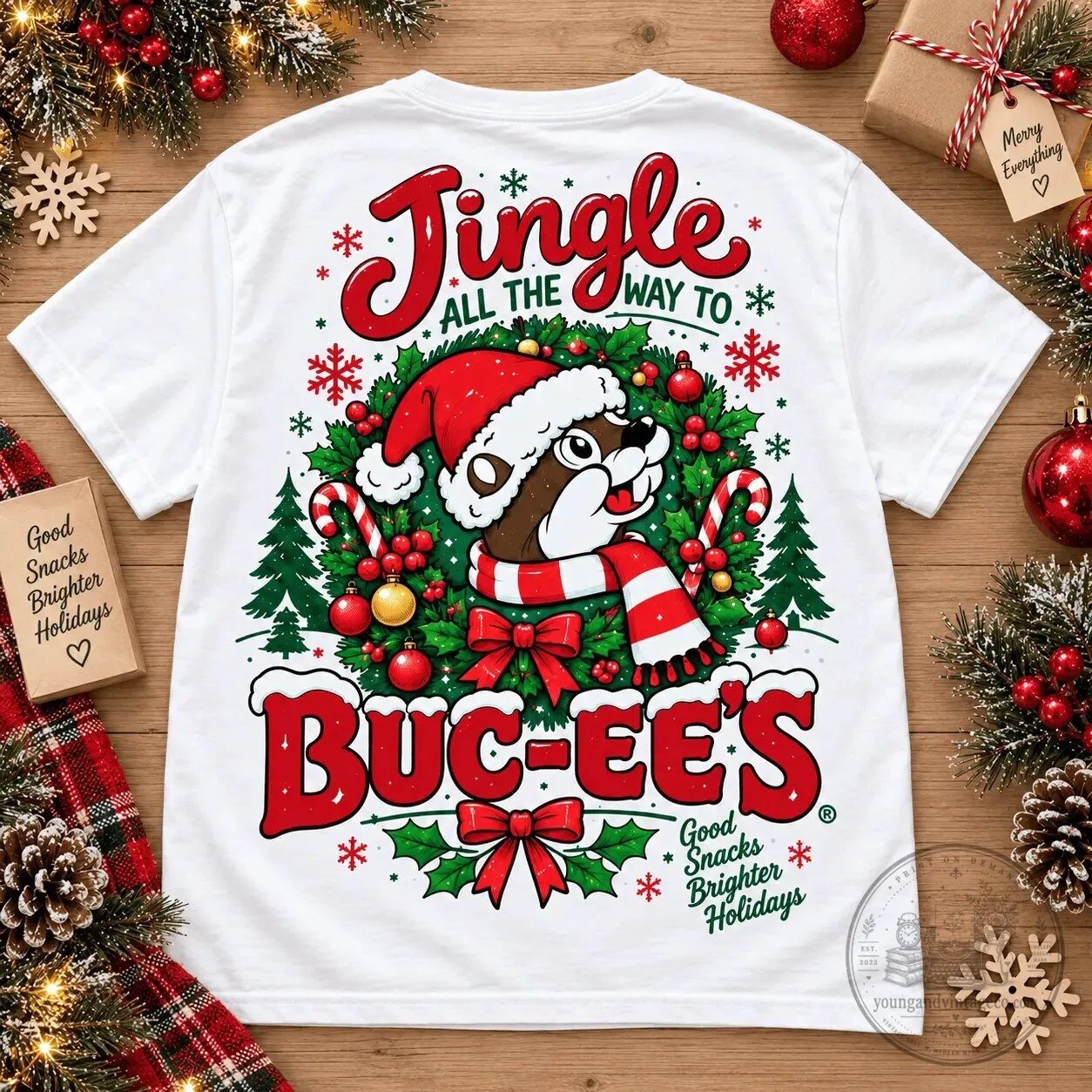 Buc-ee's Christmas Jingle All The Way Holiday White T-Shirt 8 Buc-ee