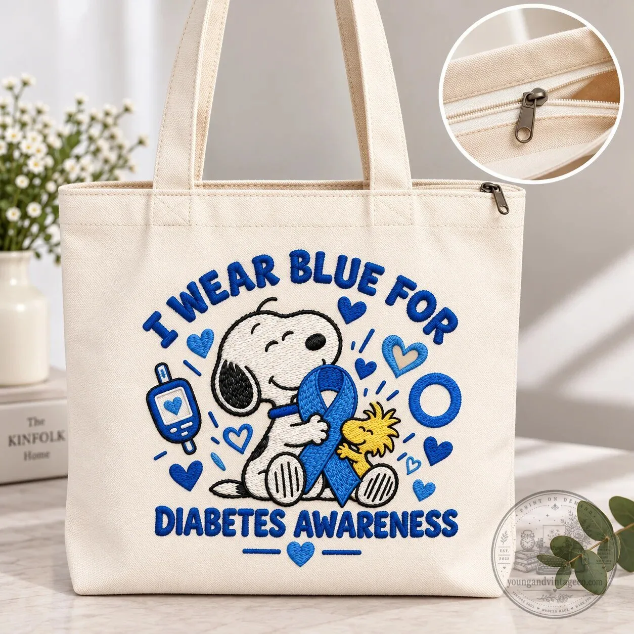 Snoopy I Wear Blue For Diabetes Awareness Embroidered Canvas Tote Bag