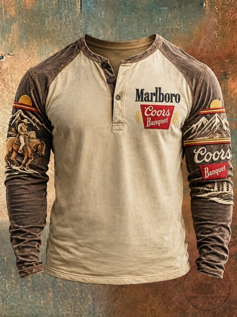 Marlboro Coors Banquet Beer Western Cowboy Mountain Long-Sleeve Henley Shirt 33 Marlboro Coors Banquet Beer Western Cowboy Mountain Long-Sleeve Henley Shirt