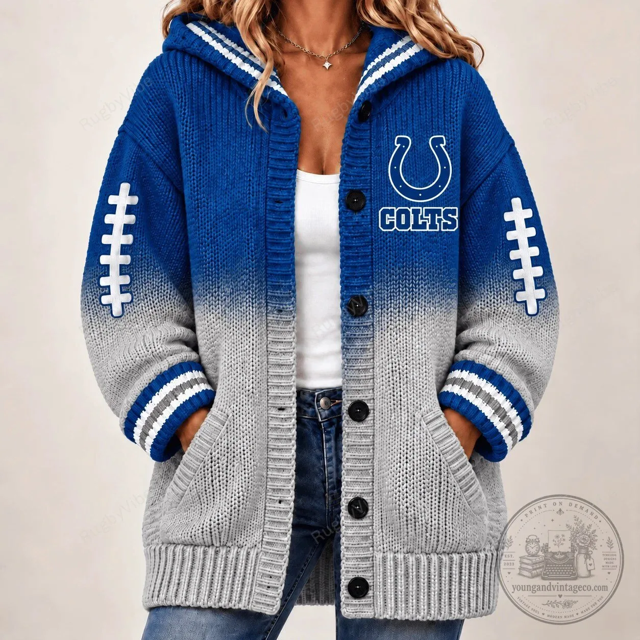 Indianapolis Colts Football Team Logo Ombre Knit Cardigan Hoodie