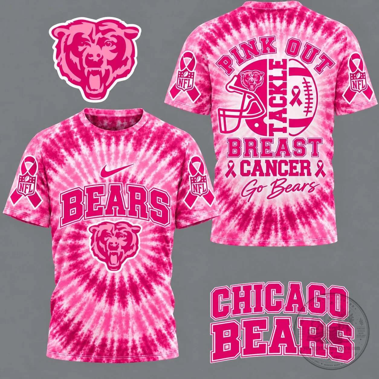 Chicago Bears Pink Tie-Dye Breast Cancer Awareness Football Fan T-Shirt