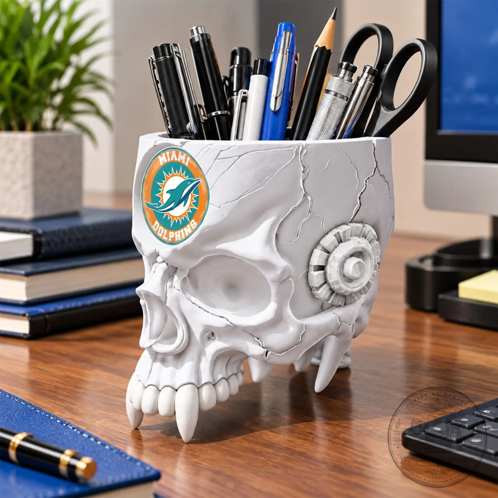 Miami Dolphins Football Team Skull Pen Holder Desk Organizer