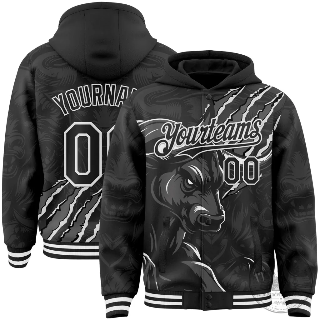 custom-black-gray-white-bull-scratch-bomber-full-snap-varsity-letterman-hoodie-jacket-featured Custom Black Gray White Bull Scratch Bomber Full-Snap Varsity Letterman Hoodie Jacket