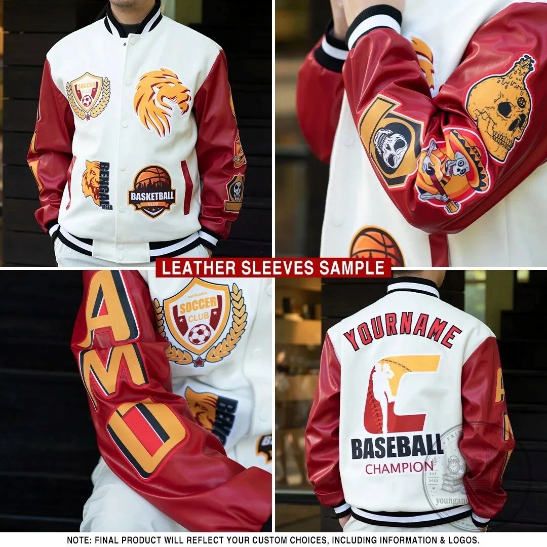 Custom Black Gray White Bull Scratch Bomber Full-Snap Varsity Letterman Hoodie Jacket 7 Custom Black Gray White Bull Scratch Bomber Full-Snap Varsity Letterman Hoodie Jacket