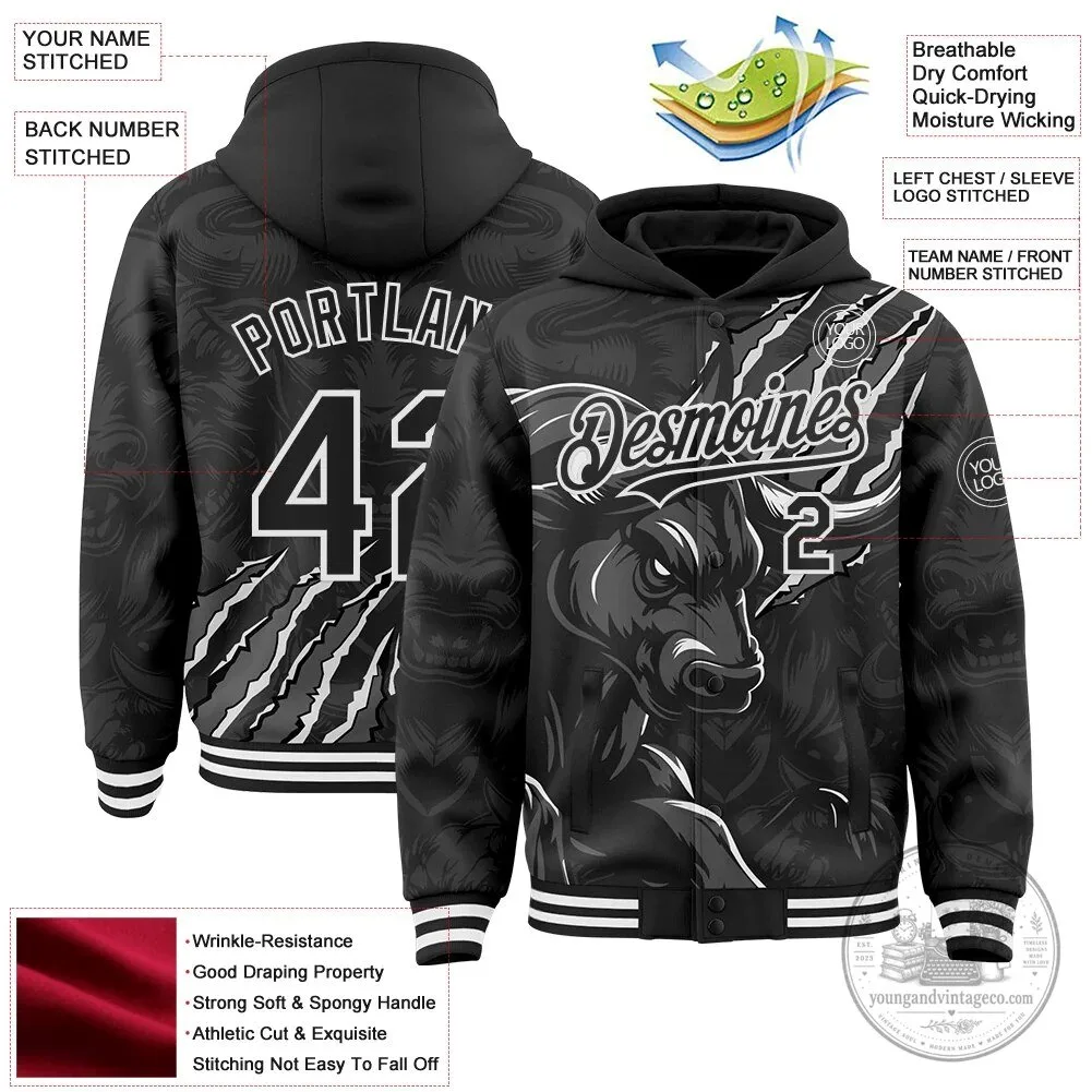 Custom Black Gray White Bull Scratch Bomber Full-Snap Varsity Letterman Hoodie Jacket 9 Custom Black Gray White Bull Scratch Bomber Full-Snap Varsity Letterman Hoodie Jacket