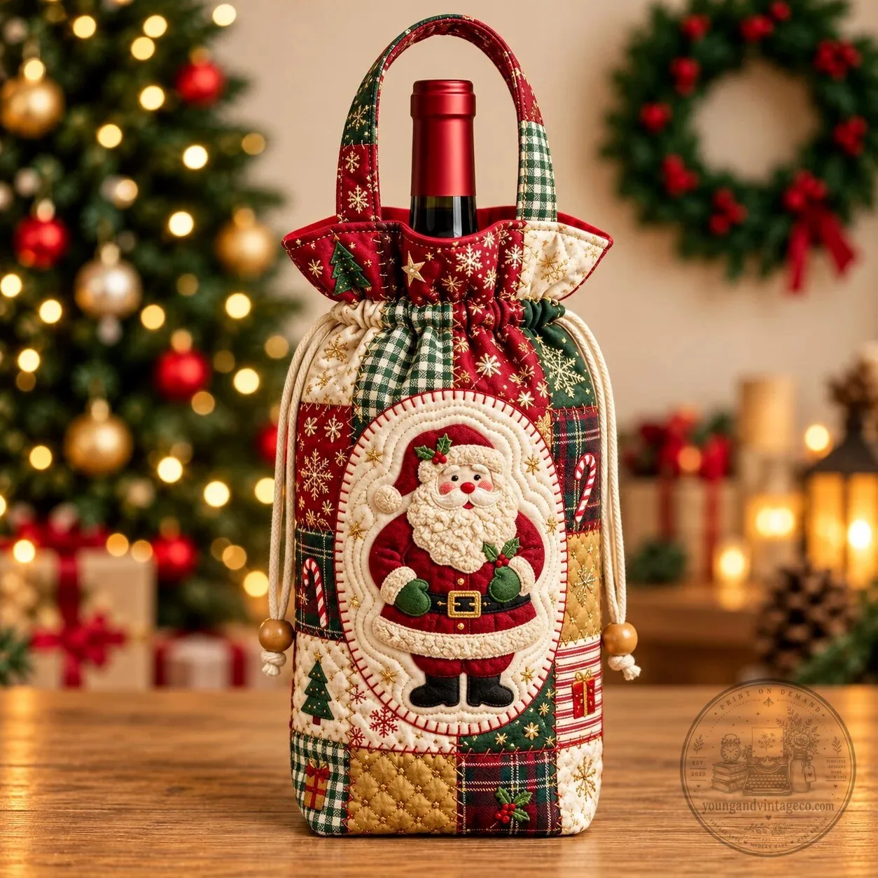 Christmas Santa Claus Quilted Wine Bottle Carrier Bag with Drawstring