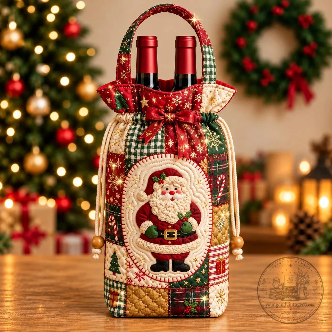 Christmas Santa Claus Quilted Wine Bottle Carrier Bag with Drawstring 6 Christmas Santa Claus Quilted Wine Bottle Carrier Bag with Drawstring