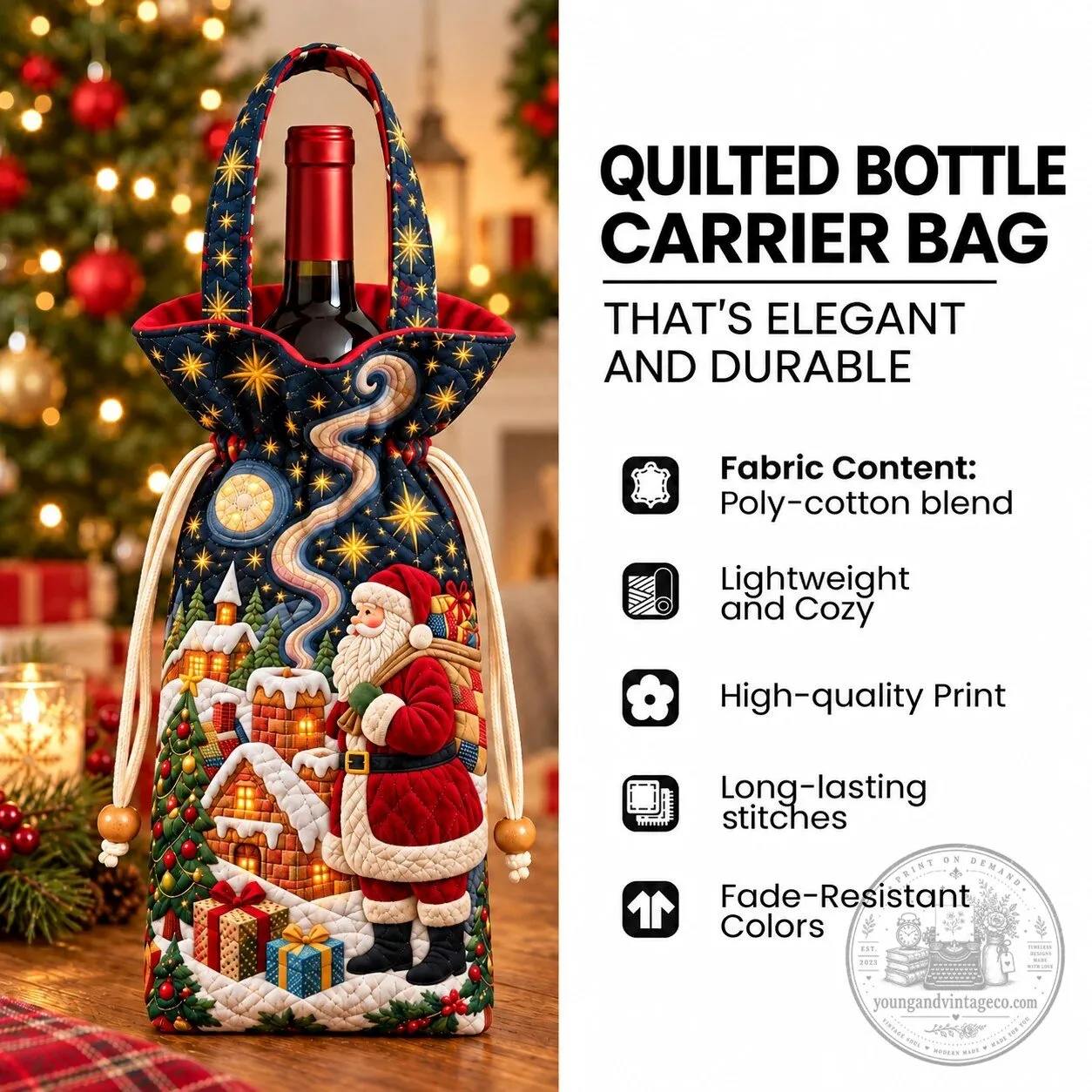 Christmas Santa Claus Quilted Wine Bottle Carrier Bag with Drawstring 8 Christmas Santa Claus Quilted Wine Bottle Carrier Bag with Drawstring