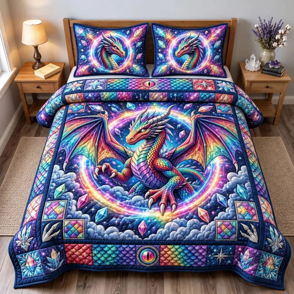 Mystic Rainbow Dragon Fantasy Art Quilted Bedding Set with Pillow Shams Mystic Rainbow Dragon Fantasy Art Quilted Bedding Set with Pillow Shams