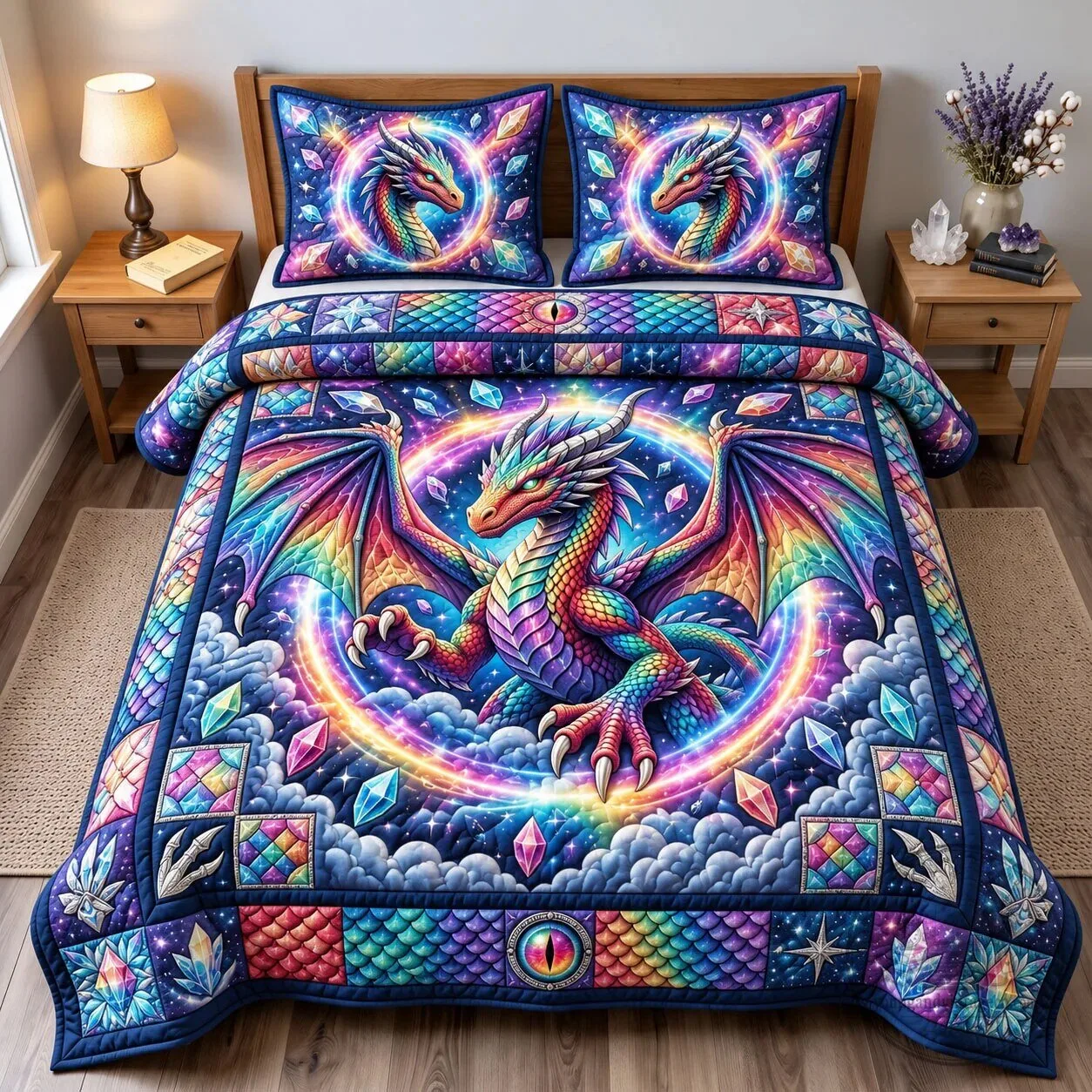 Mystic Rainbow Dragon Fantasy Art Quilted Bedding Set with Pillow Shams